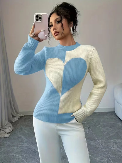 Color-Block Heart Knit Pullover