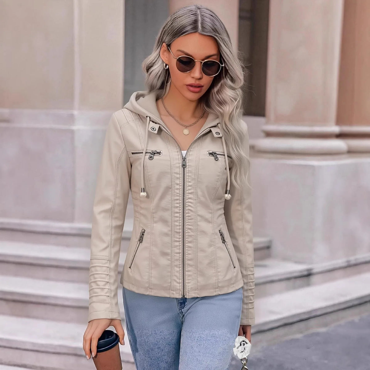 Detachable Hood Faux Leather Jacket