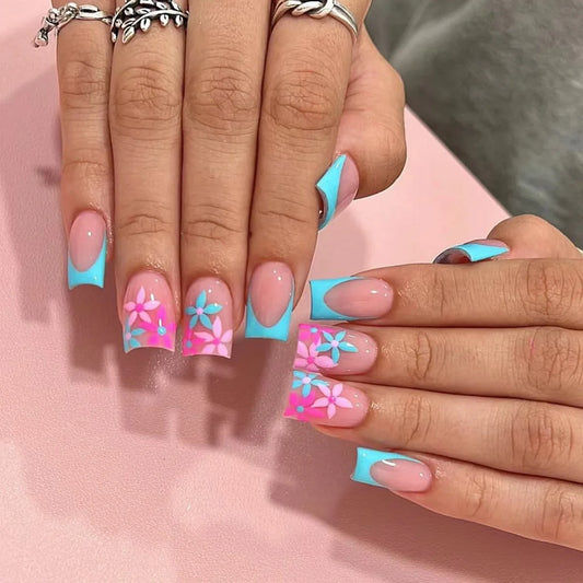 Blue Flower French Press-On Nails