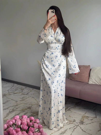 Floral Satin V-Neck Long Dress
