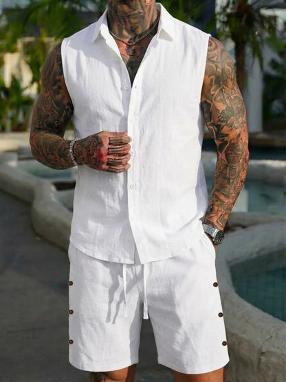 Cotton Linen Sleeveless Shirt Set