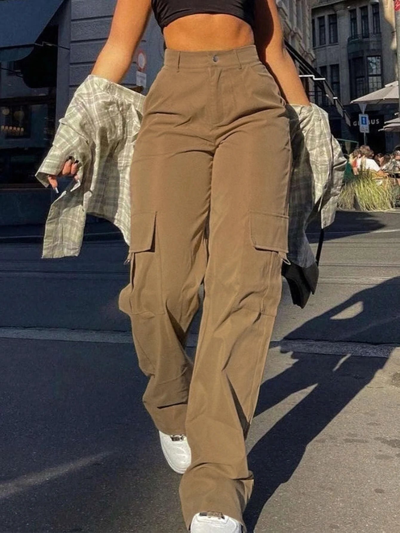 Plain High-Waist Cargo Pants