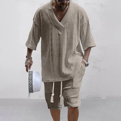 Knitted V-Neck T-Shirt Shorts Set