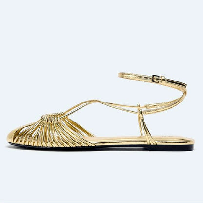 Sylmza Gold Weave Hollow Flat Sandals