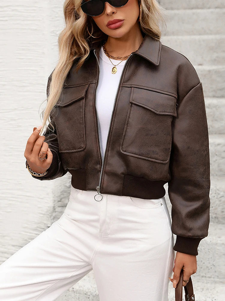 Drop-Shoulder Faux Leather Jacket