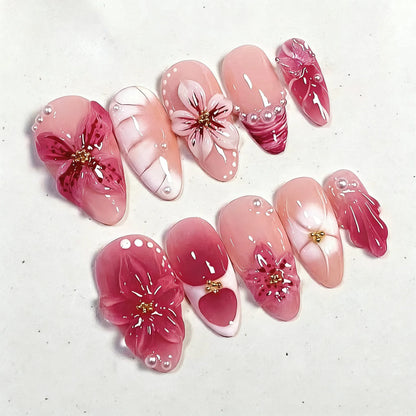 3D Flower Almond Press-On Nails