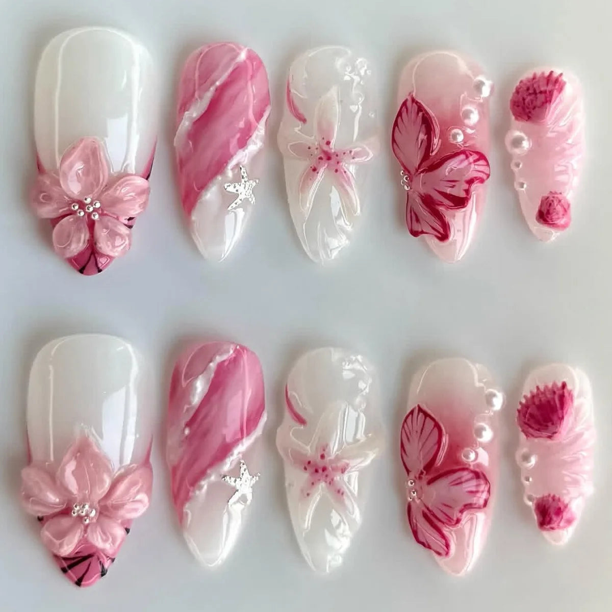 3D Flower Almond Press-On Nails