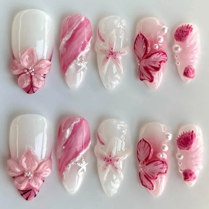 3D Flower Almond Press-On Nails