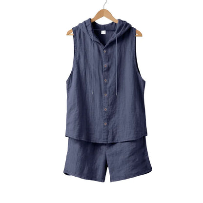 Linen Hooded Sleeveless Shirt Set