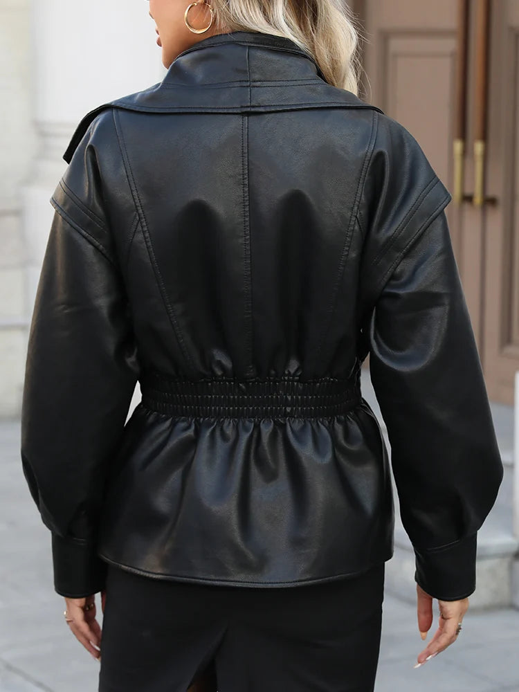 Elastic Waist Faux Leather Jacket
