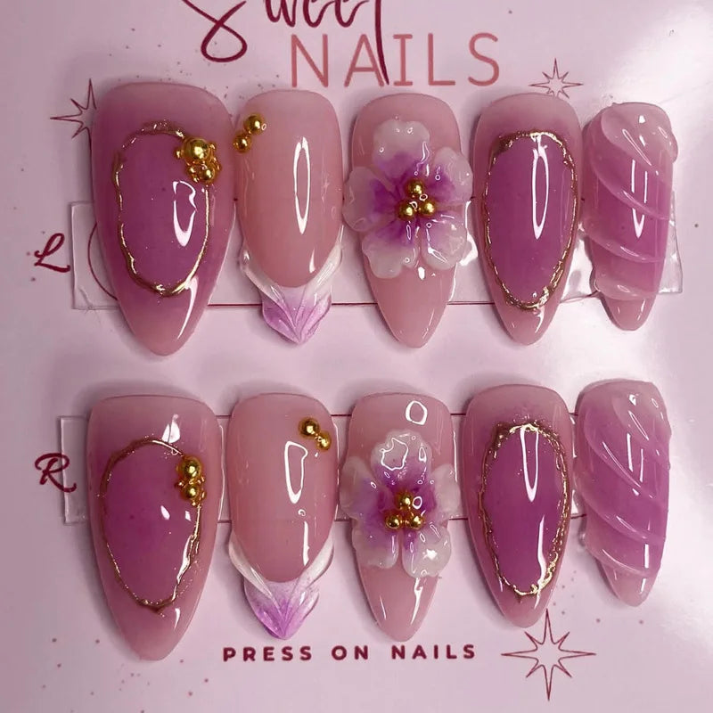 3D Flower Almond Press-On Nails