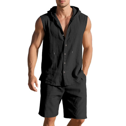 Linen Hooded Sleeveless Shirt Set