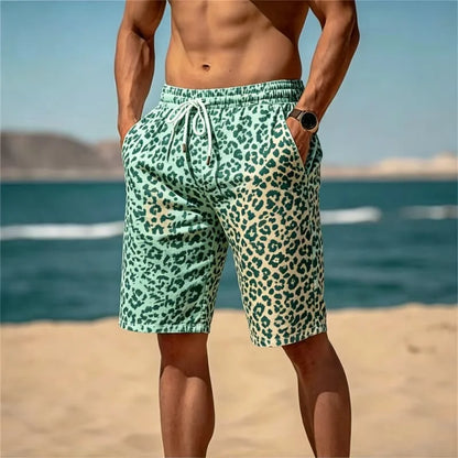 Leopard Print Drawstring Beach Shorts