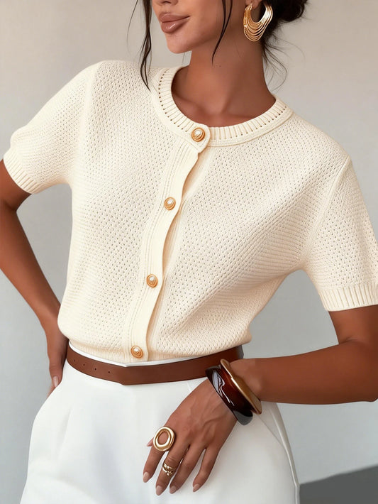 Beige Fitted Round Neck Knit Cardigan