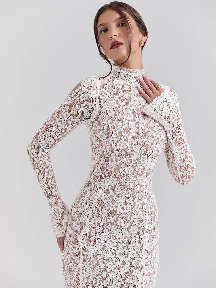 White Lace Half High Collar Midi Dress