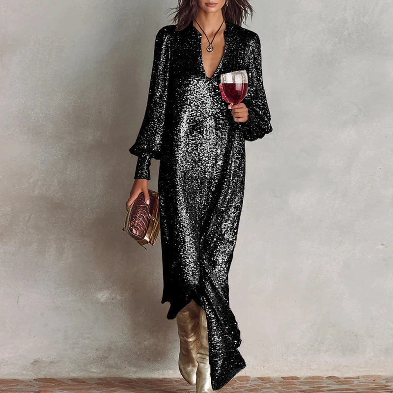 Sequined V-Neck Long Sleeve Loose Dress