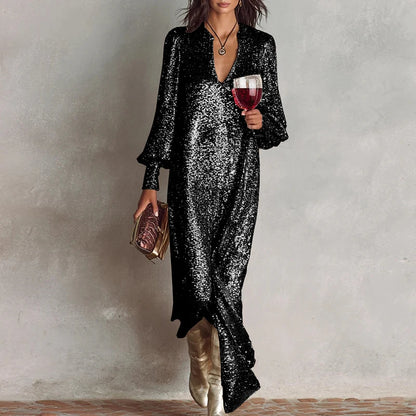 Sequined V-Neck Long Sleeve Loose Dress