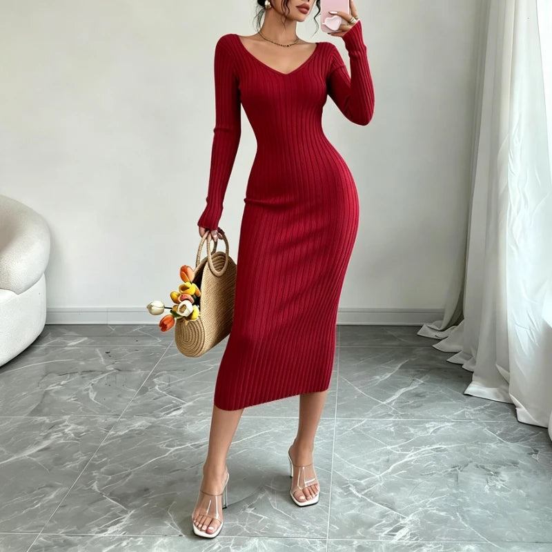 Ribbed Knit V-Neck Sweater Dress