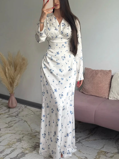 Floral Satin V-Neck Long Dress