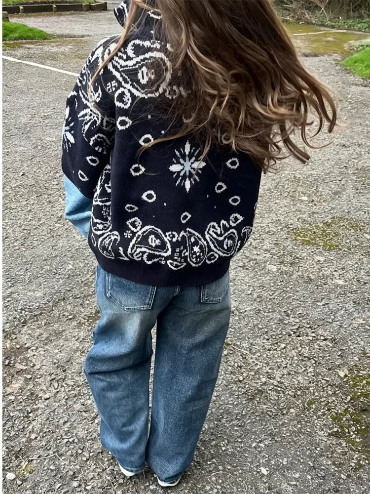 Paisley Zip-Up Knit Cardigan