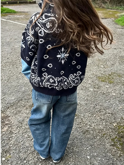 Paisley Zip-Up Knit Cardigan
