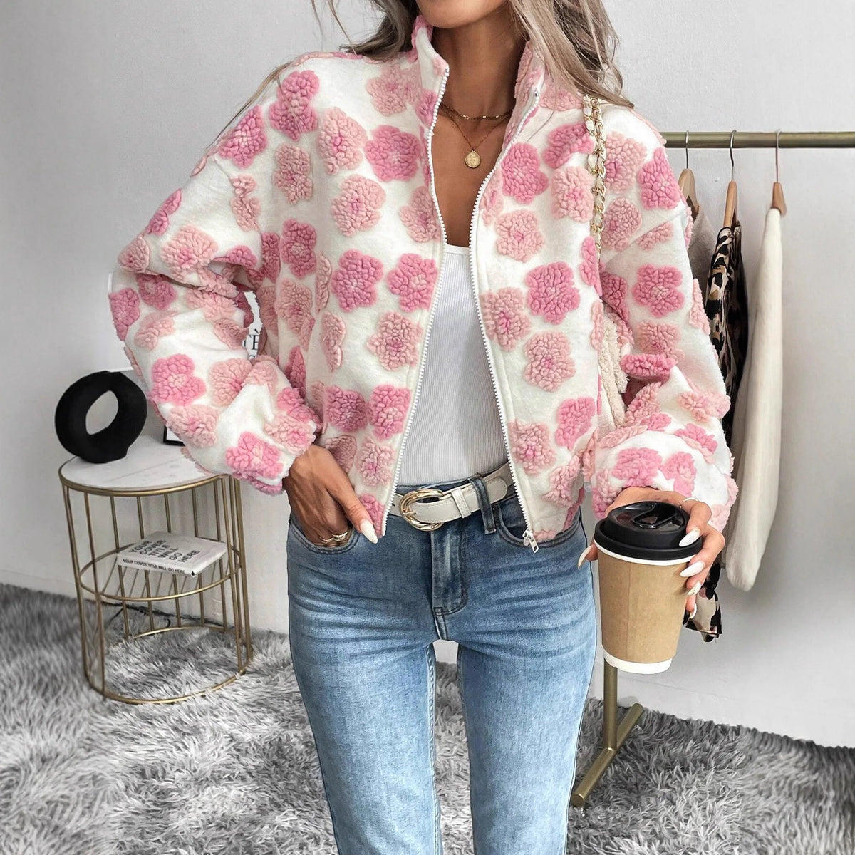 3D Flower Cropped Fleece Jacket