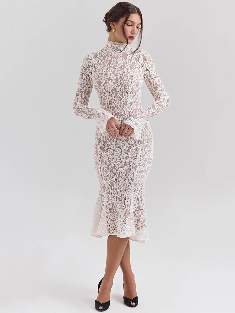 White Lace Half High Collar Midi Dress