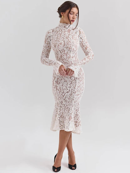White Lace Half High Collar Midi Dress