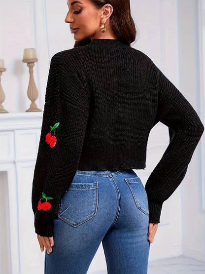 Cherry Embroidered Lantern Sleeve Cardigan