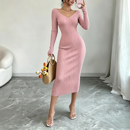 Ribbed Knit V-Neck Sweater Dress