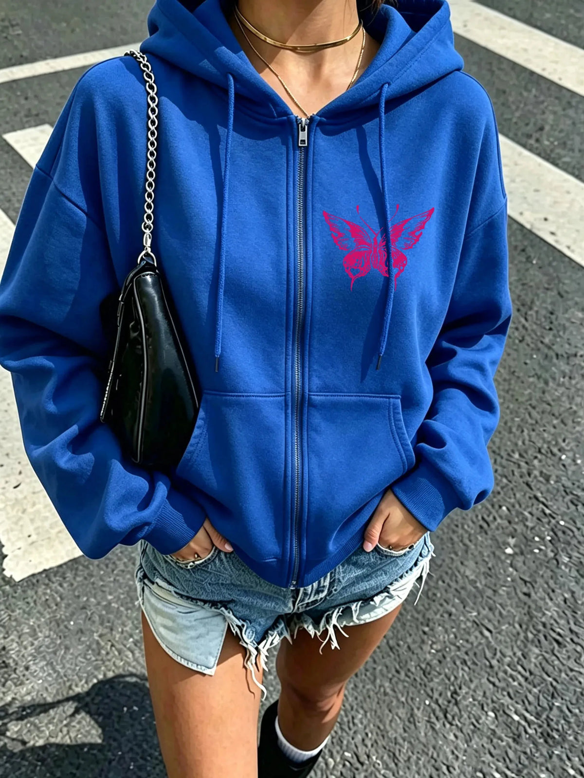 Butterfly Drawstring Zip Hoodie