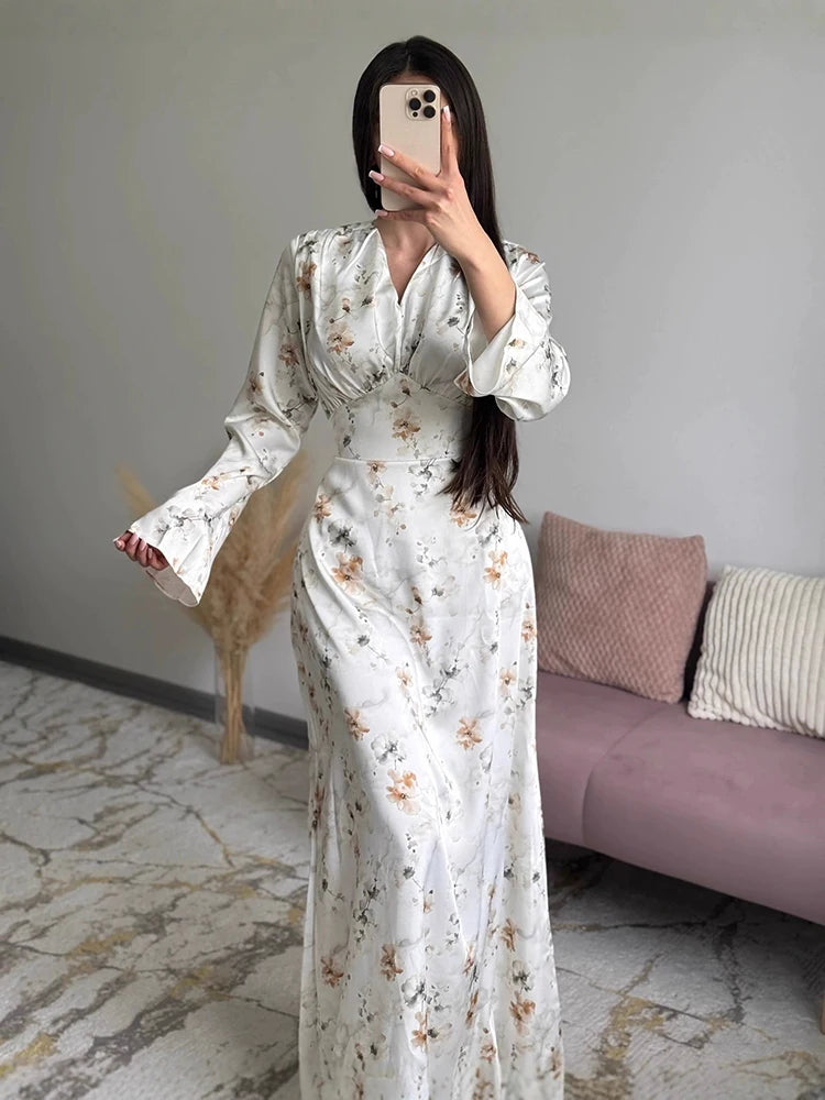 Floral Satin V-Neck Long Dress