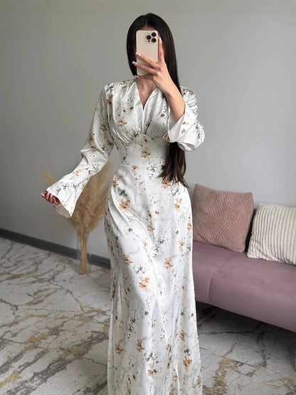 Floral Satin V-Neck Long Dress