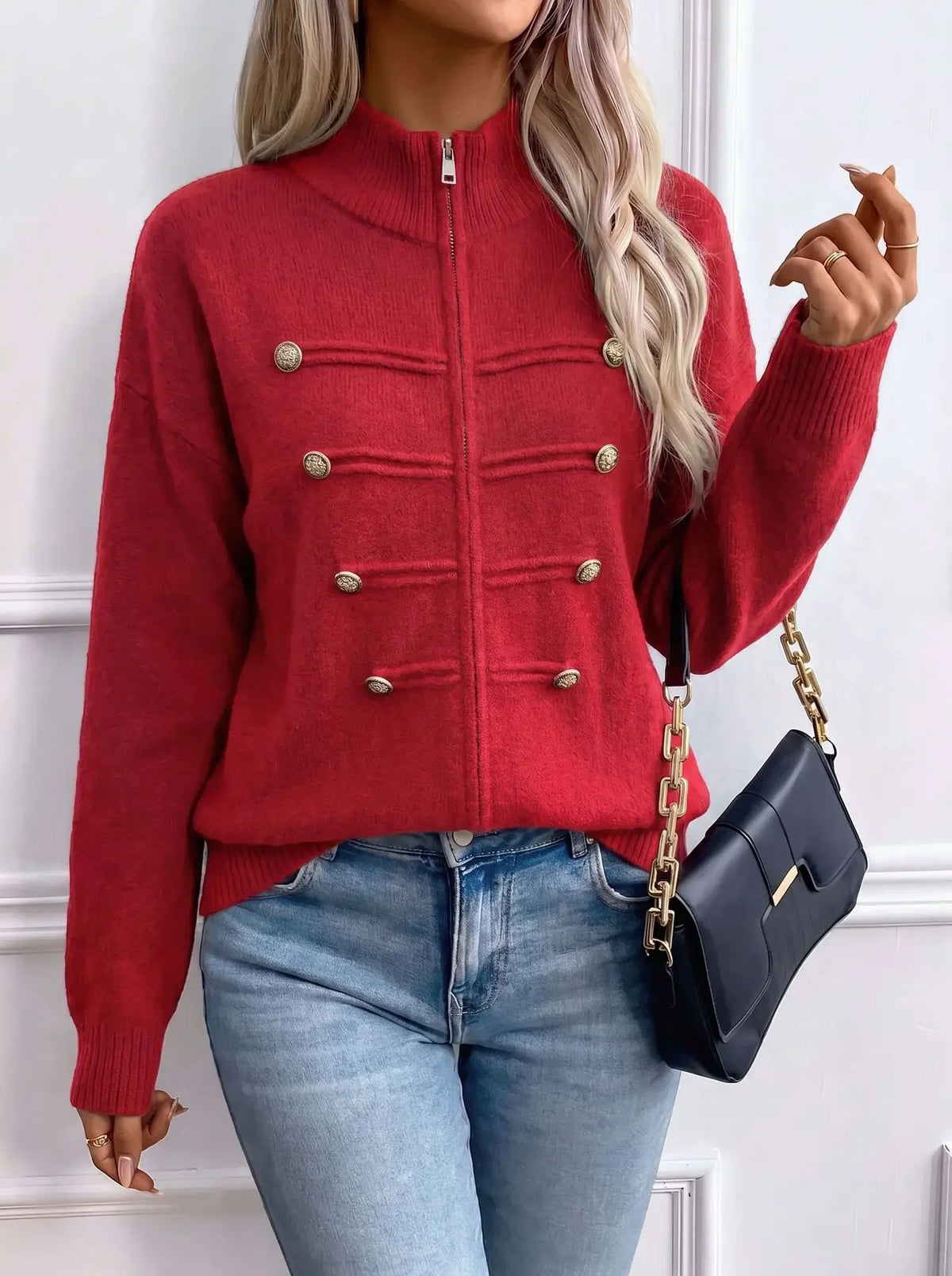 Stand Collar Zip Knit Cardigan