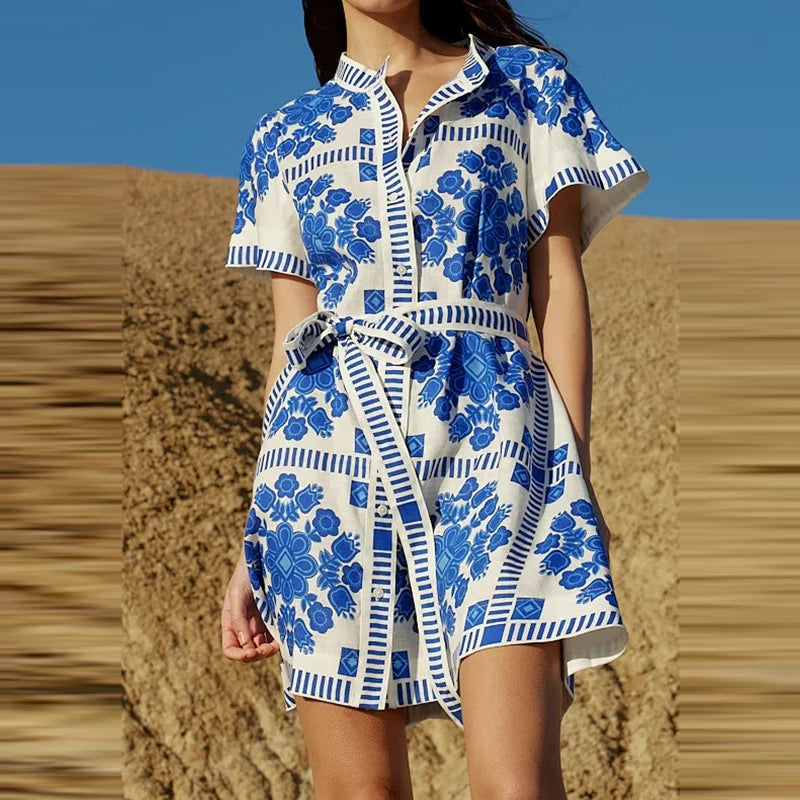 Blue Lace-Up A-Line Dress