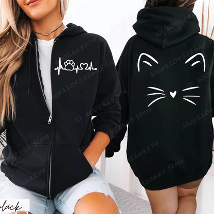 Cat Heartbeat Line Zip Hoodie