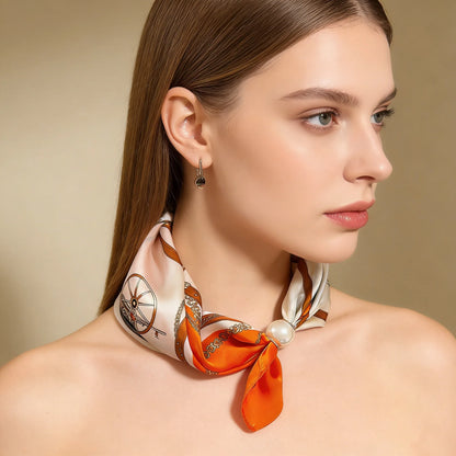 Print Scarf Silk Pearl Buckle