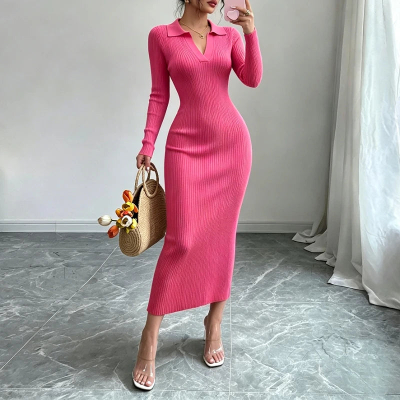 Ribbed Knit Long Sleeve Sweater Dress