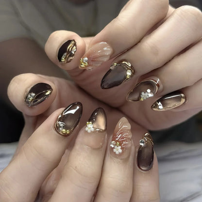 3D Flower Almond Press-On Nails
