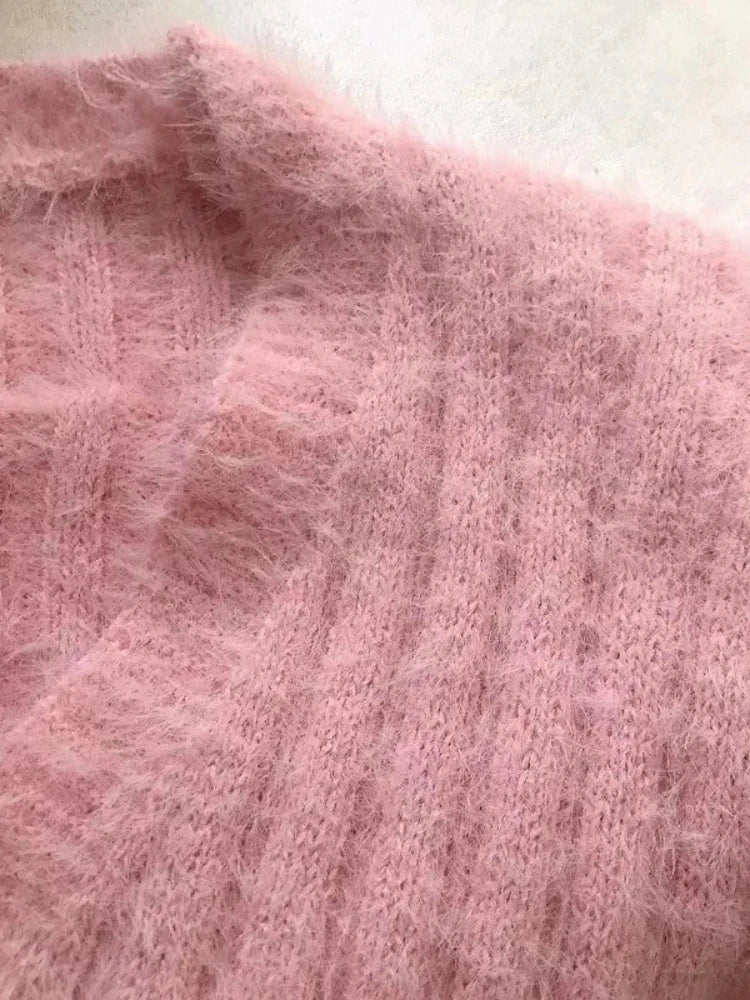 Fuzzy V-Neck Knit Cardigan