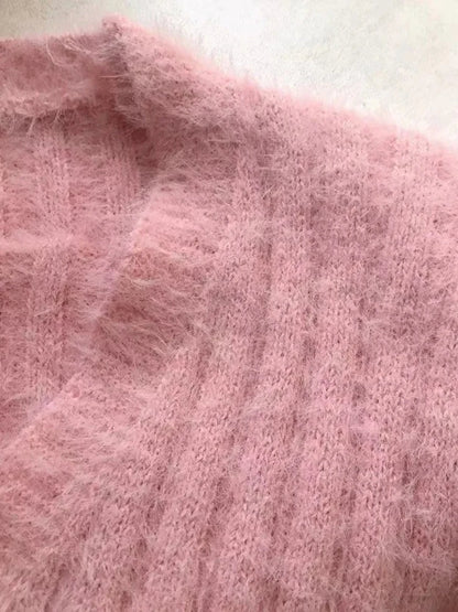 Fuzzy V-Neck Knit Cardigan