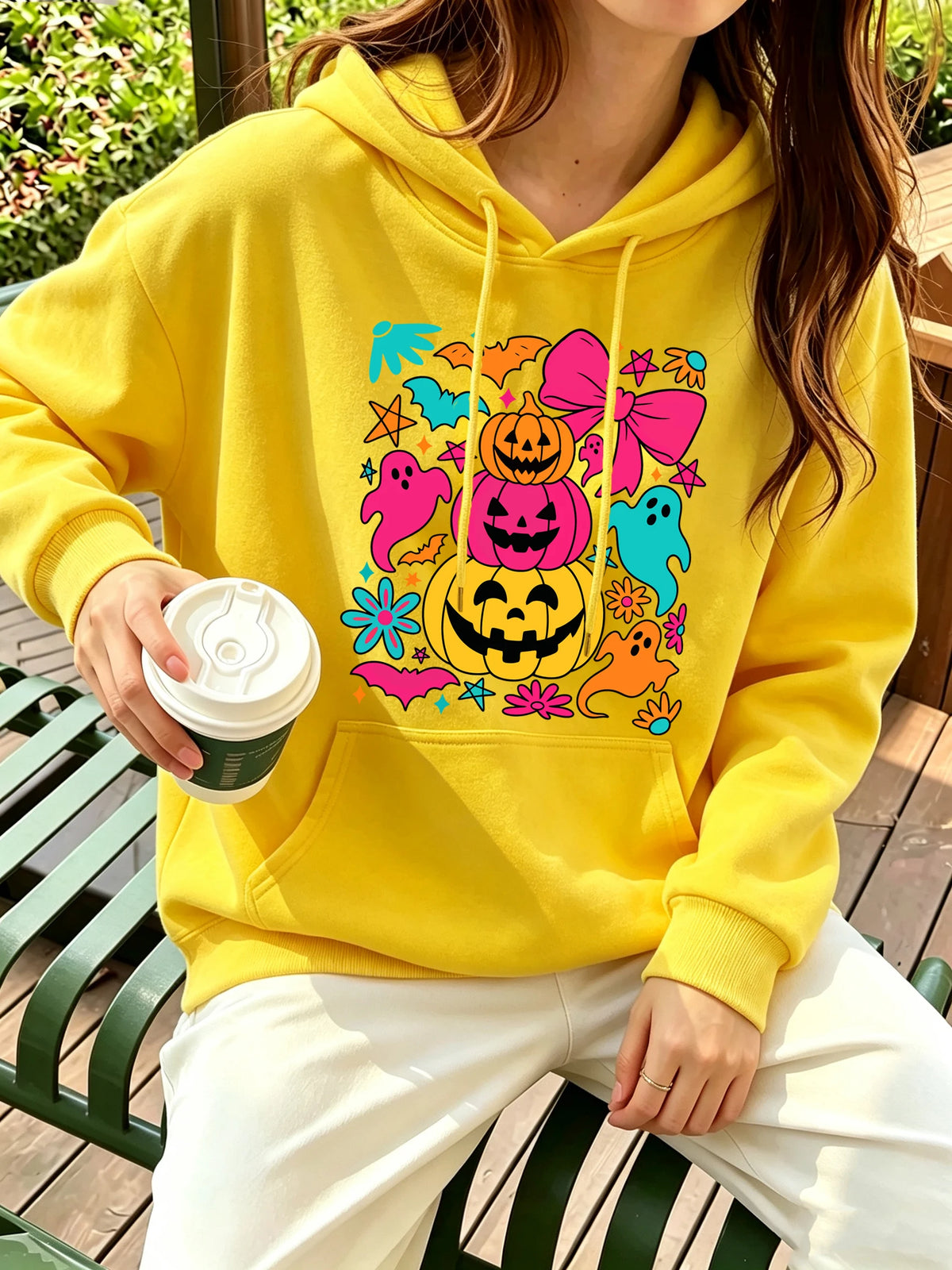 Pumpkin Bow Print Fleece Hoodie