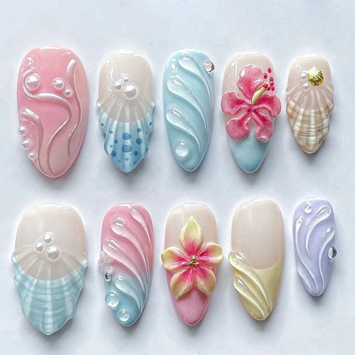 Gradient Blue Flower Press-On Nails