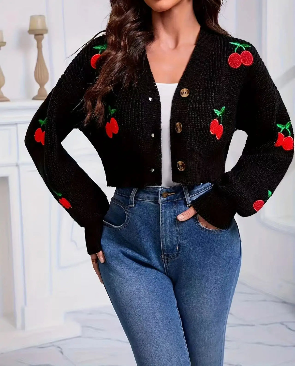 Cherry Embroidered Lantern Sleeve Cardigan