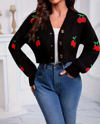Cherry Embroidered Lantern Sleeve Cardigan