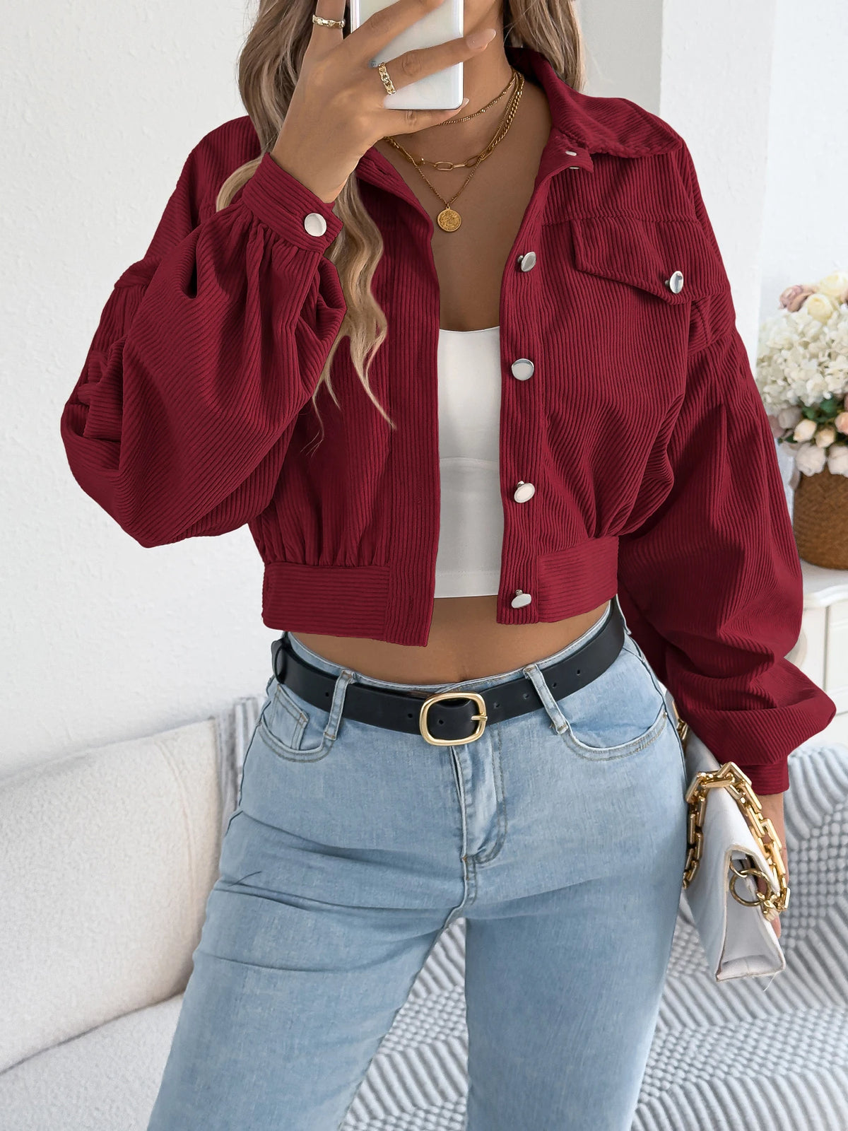 Corduroy Cropped Button Jacket