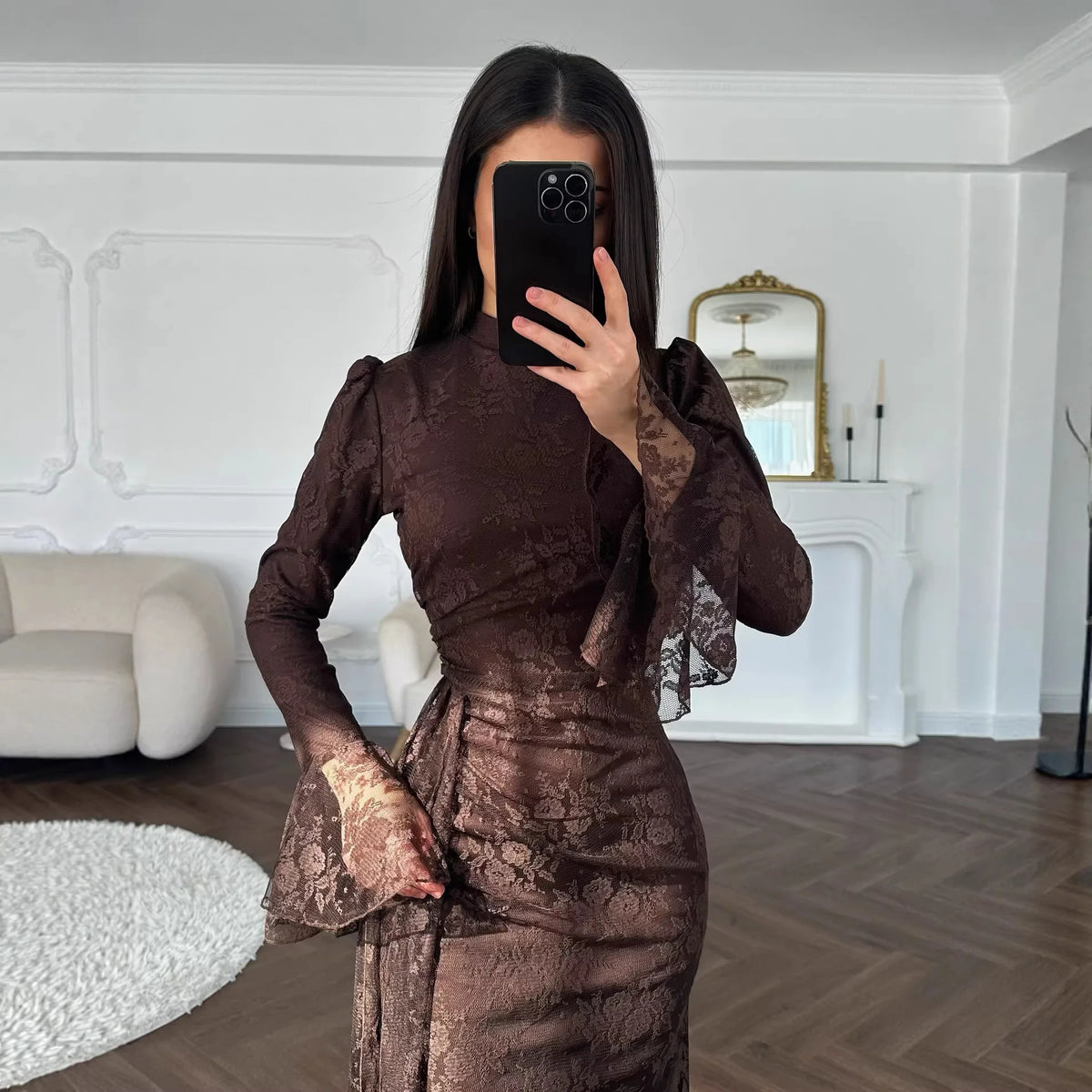Lace Fitted Bell Sleeve Ankle-Length Dress