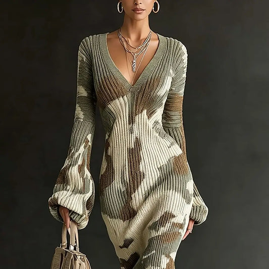 Camo Print Tassel Hem Knit Dress