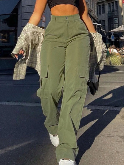 Plain High-Waist Cargo Pants