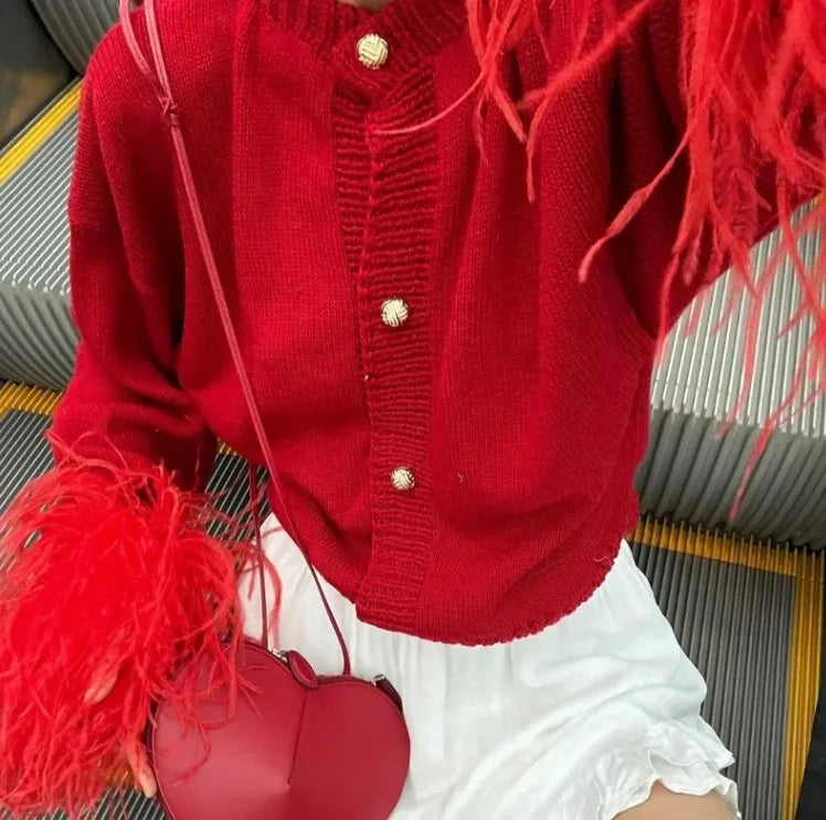 Feather Sleeve Knit Cardigan
